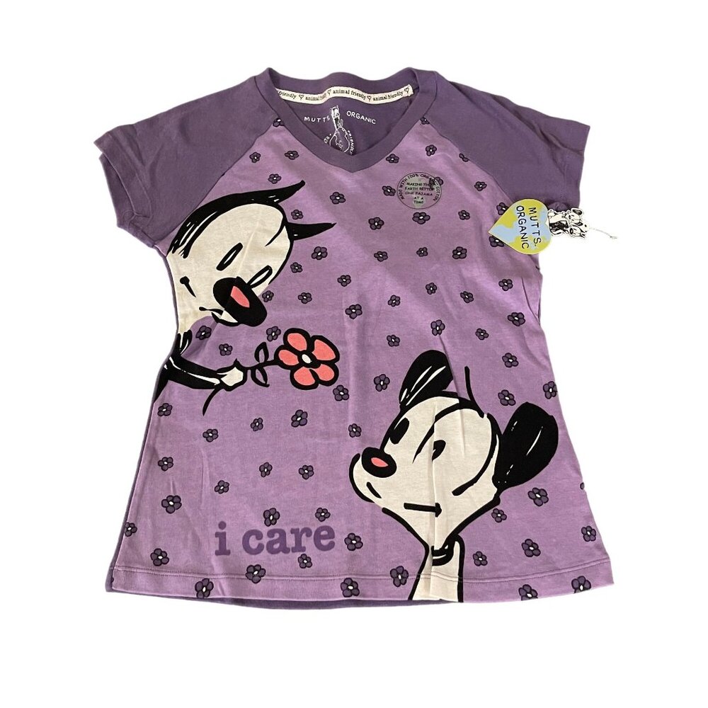 Mutts Organic Women's Earth Friendly V-Neck T-Shirt Cat & Dog Purple, Size S NWT
